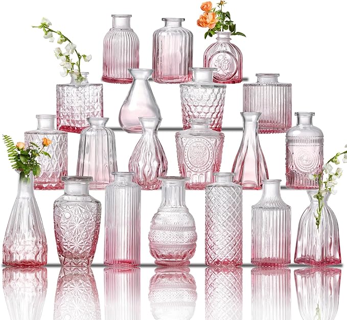 Glass Bud Vase Set of 20 - Small Vases for Flowers in Bulk - Assorted Vintage Crystal Vases for Flowers, Table Centerpieces (Pink, 20 Pcs)