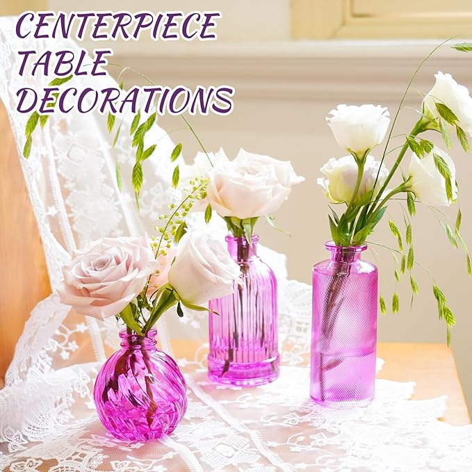 24PCS Bud Vases for Decor Cool Hot Pink Small Glass Flower Vase in Bulk Wedding Centerpieces Bridal Shower Decorations for Women