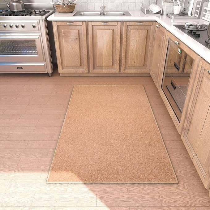 Area Rug with Non Slip Rubber Backing, Washable Soft Floor Carpet for Living Room, Kitchen, Entryway Indoor, Bedroom, Laundry, Low Pile Area Rugs, Solid Color with Pointillism Style (Camel, 3' * 5')