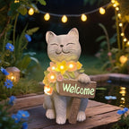 Solar Cat Garden Statue for Outdoor Decor, Cat Solar Light with Flowers, Resin Welcome Cats for Garden, Yard, Lawn Decor, Cats Lover Gifts for Women