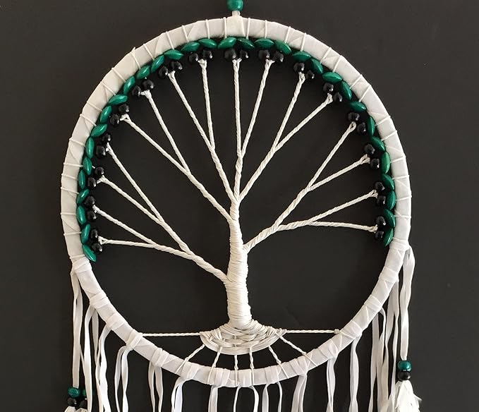 OMA Dream Catcher, Tree of Life Design with Feathers and Beads, White Suede Authentic Traditional Dream Catcher Boho Home Decor Bedroom Decoration Gift - Large Size - 36" Long x 11" Diameter (Green)