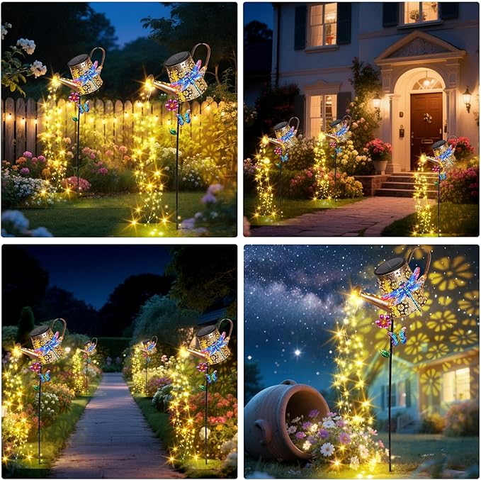 Solar Lights Outdoor Decorative, 39.4'' Metal Solar Watering Can Lights with Dragonfly, Waterproof Garden Stake Lights for Yard Lawn Patio Pathway Landscape, Gardening Gifts for Mom Grandma Women