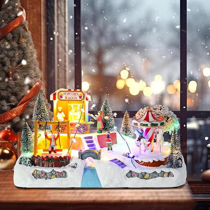 taman Christmas Village Houses - Musical Amusement Park Collectible Buildings with Merry-go-Around,Swing,Popcorn Wagon Ornaments for Christmas Holiday Decorations