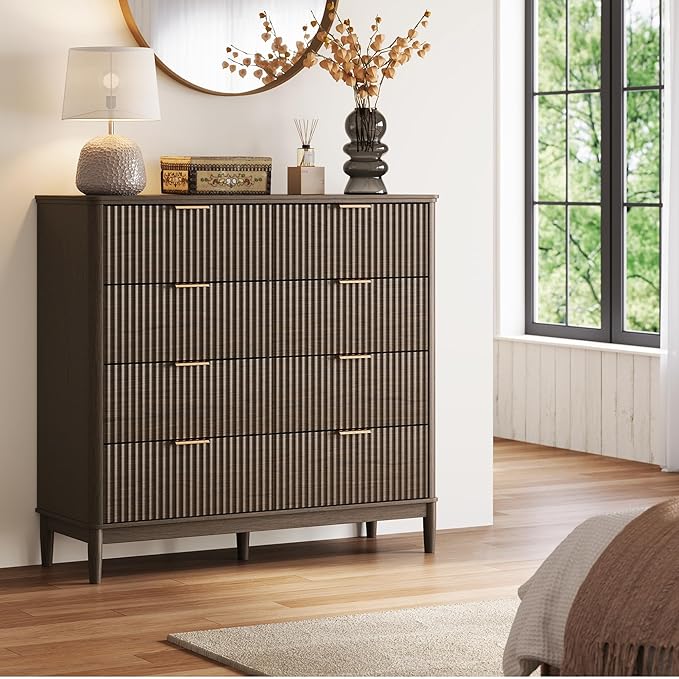 LINSY HOME Fluted Dresser for Bedroom with 8 Drawers, 47" Wide Mid Century Modern Dressers, Tall Boho Chest of Drawer, Large Wood Accent Storage Cabinet for Living Room, Curved Profile Design, Walnut