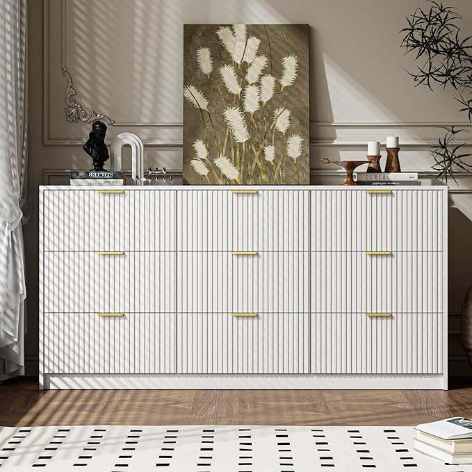 White Dresser for Bedroom, 9 Drawer Double Dresser, Modern Chest of Drawers for Bedroom, Living Room, Entryway and Closet, 63" L x 15.7" D x 31.5" H