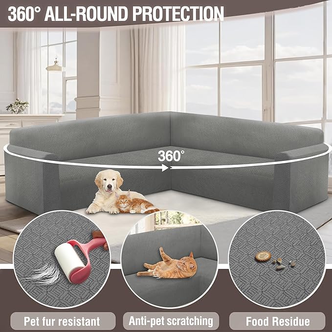 HDCAXKJ Sectional Couch Cover L Shape Stretch Sofa Covers Washable Jacquard Corner Couch Slipcover Non Slip Sectional Slip Cover U Shaped Furniture Protector for Pets Dogs (Light Grey, Large)