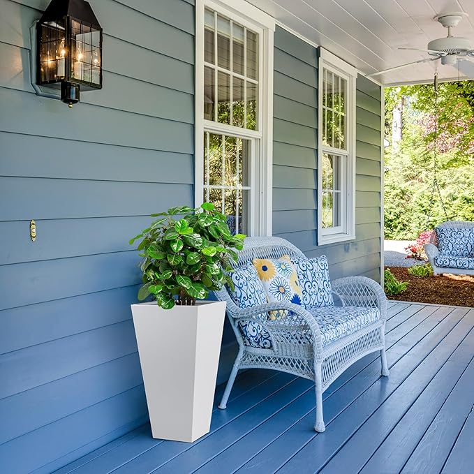 Tall Tapered Planter Taper Metal Modern Flower Plant Pot White Square Galvanized Steel Planter 26 In Indoor Outdoor for Front Porch Garden Patio Grande Plant Tree Commercial Residential Heavy Duty