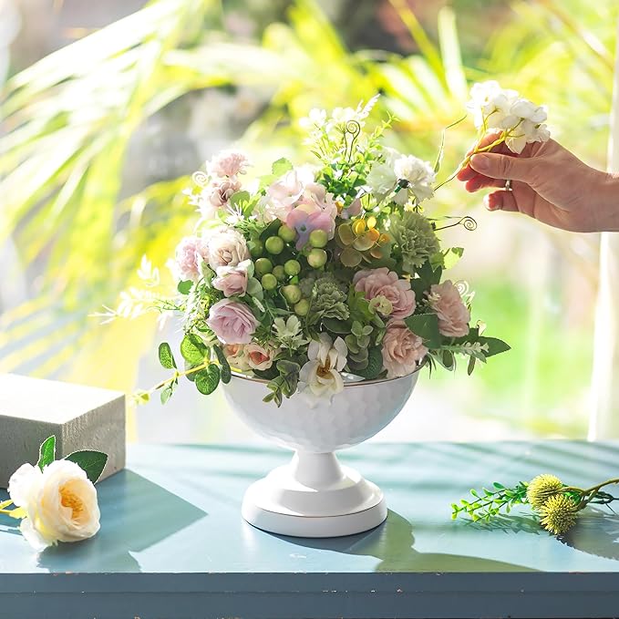 Sziqiqi White Urn Vase for Wedding Centrepiece: 5.5in Small Vases for Table Decoration Set of 2 - White Vintage Pot for Artificial Flower Arrangement - Metal Unique Honeycomb Vase for Birthday Party