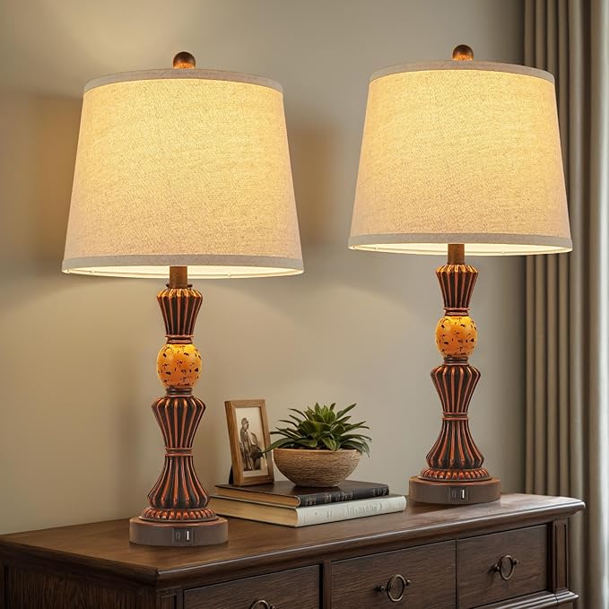 Set of Modern Table Lamps with USB-C & USB Ports, Rotating Knob Switch, Linen Shade + Resin Base Rustic Farmhous (Black Gold/Oil Bronze)