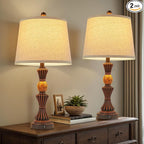 Set of 2 Modern Table Lamps with USB-C & USB Ports, Rotating Knob Switch, Linen Shade + Resin Base (Black Gold/Oil Bronze) (BW)