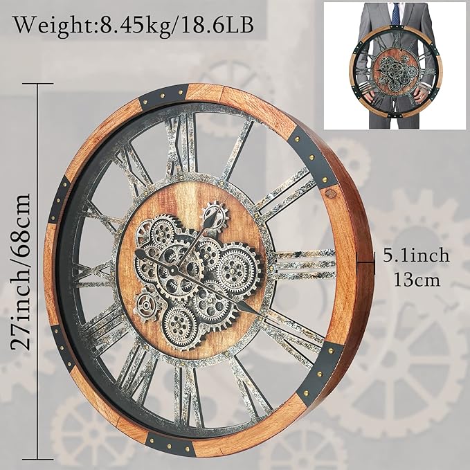 27 Inch Moving Gear Wall Clock, Oversized Wall Clocks, Clock Living Room Decor, Solid Wood Frame, Battery Operated, Large Wall Clock with Steampunk Industrial for Fireplace(Brown)