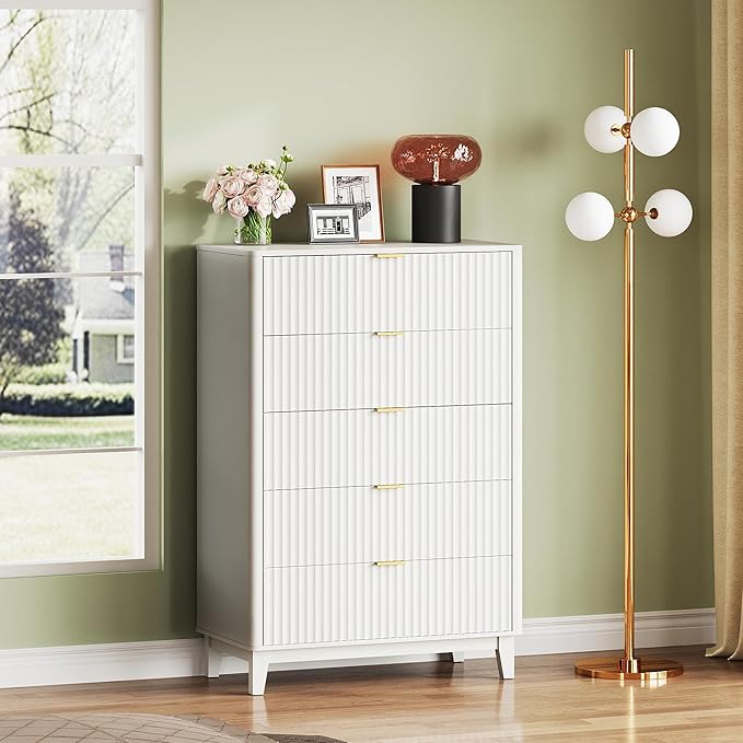 WLIVE Fluted Dresser for Bedroom with 5 Drawers, 46.26" Tall Wood Dresser with Golden Metal Handles, Mid Century Modern Chest of Drawers for Living Room, Hallway, Closet, Solid White
