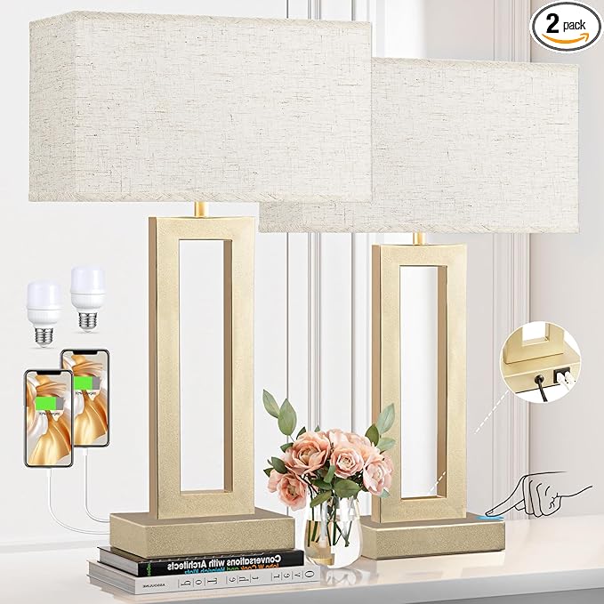 Seealle 22" Tall Bedroom Lamps for Living Room - Touch Gold Bedside Lamps with USB C+A, 3 Way Dimmable Lamp for Nightstand, Modern Night Stands Lamps for End Tables(Beige&Gold)