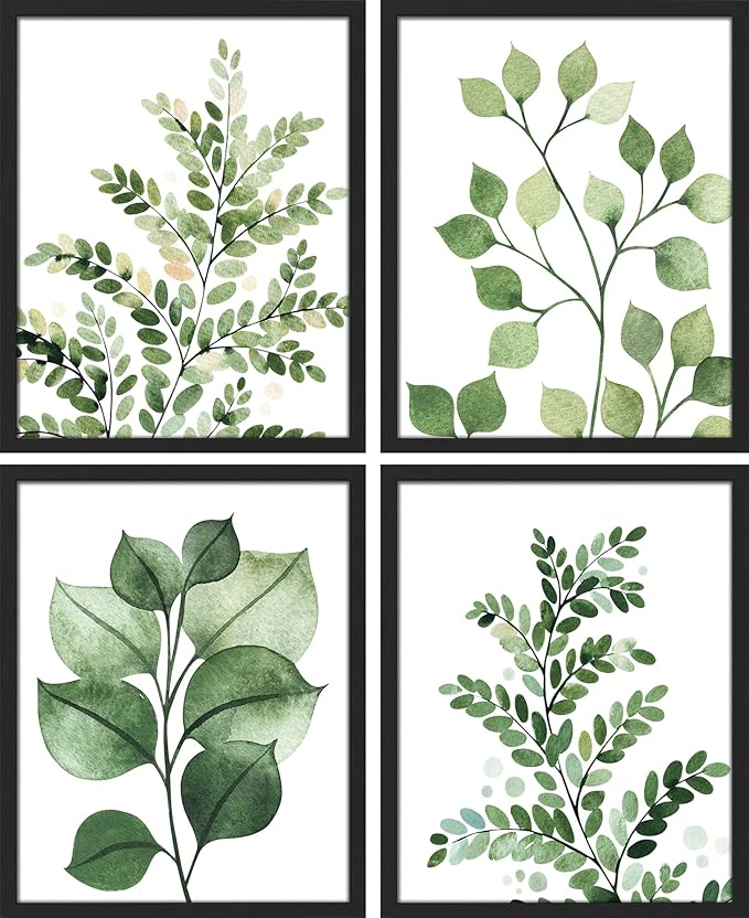 SIGNWIN Framed Green Pastel Forest Fern Leaf Wall Art, Set of 4 Collage Nature Garden Wall Decor Prints, Nature Wilderness Wall Décor for Living Room, Bedroom - 11"x14" Black