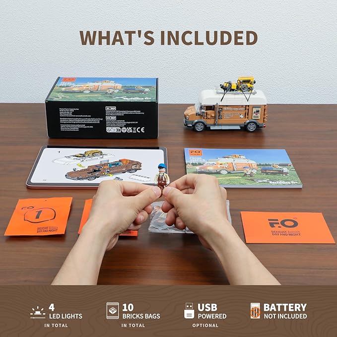 FUNWHOLE Carpentry Van Lighting Building-Bricks Set - Farm Woodworker Car Collectible Display Set 496 Pcs for Adults and Teen