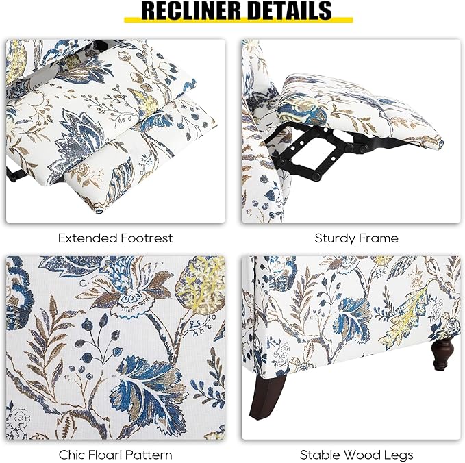 Upholstered Wingback Recliner Chair - Traditional Push Back Recliner Chair with Padded Seat, Fabric Floral Recliner Wingback Chair, Mid Century Modern Armchair for Living Room