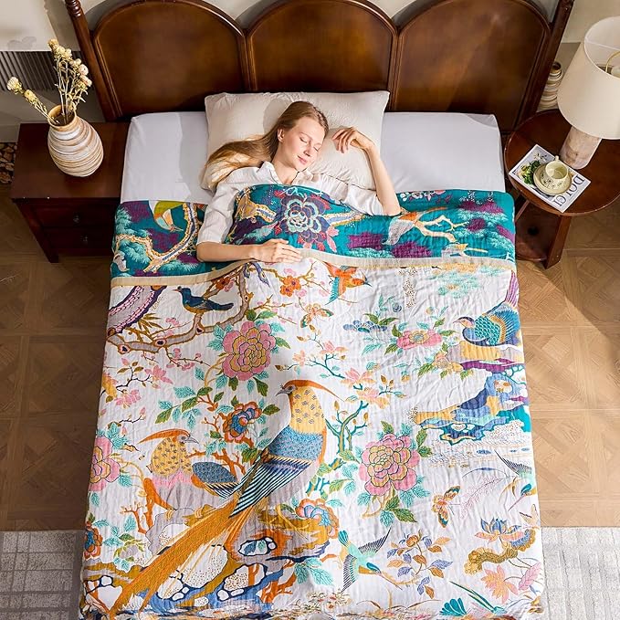 Fall Throw Blanket for Couch, Yellow Boho Decorative Throw Blanket, 100% Cotton Muslin Breathable Woven Farmhouse Blankets Quilt, 50"x60" Reversible Lightweight Blankets Bohemian Throw Quilt