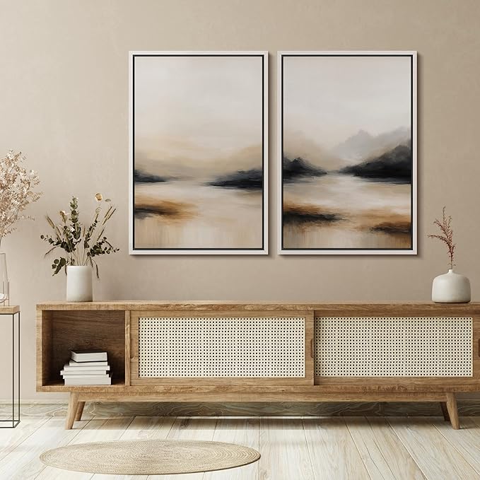 SIGNFORD Framed Canvas Print Wall Art Set Abstract Mountain Landscape Neutral Beige and Black Illustration Modern Art Decorative Nordic Nature for Living Room, Bedroom, Office - 24"x36"x2 White