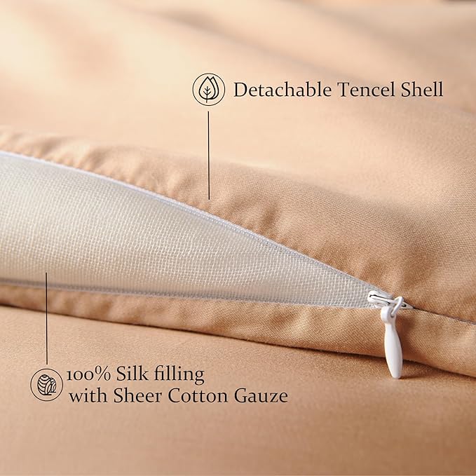 CUDDLE DREAMS Silk Filled Comforter for All Season, Detachable Tencel Duvet Cover for Easy Care, Naturally Breathable (Bronze, Twin)