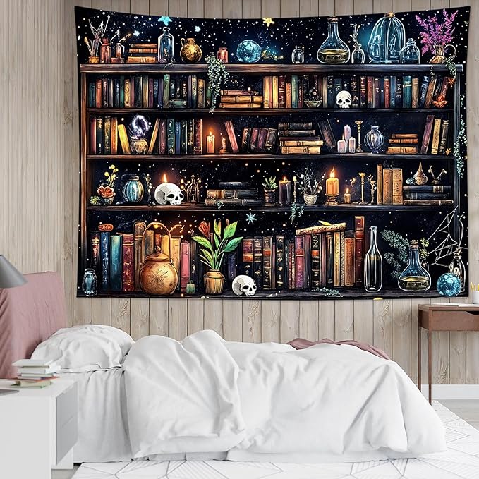 HVEST Magic Bookshelf Wall Tapestry Vintage Bookshelf Witchy Books Plant Skull Gothic Halloween Tapestry Wall Hanging Starry Sky Tapestries for Bedroom Living Room Dorm, 70.9L x 92.5W Inches