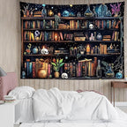 HVEST Magic Bookshelf Tapestry Wall Hanging Vintage Bookshelf Witchy Books Plant Skull Gothic Halloween Wall Decor Starry Sky Tapestry for Bedroom Living Room Dorm, 60L x 80W Inches