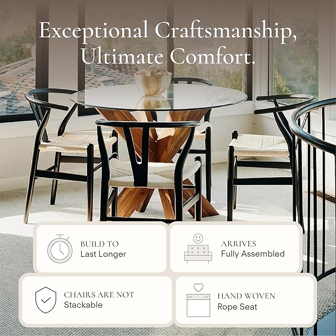 POLY & BARK Weave Dining Chair – Mid-Century Modern Wishbone Dining Chair with Arms, Solid Wood Frame, Indoor Use – Black – Single - Ideal for Dining Room, Kitchen or Stylish Accent Setting