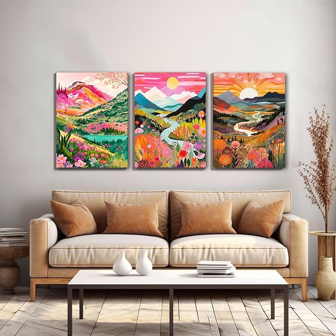 DUWQU 3 piece Colorful Watercolor Mountain Canvas Wall Art Boho Floral Painting Picture Wall Decor Abstract Nature Landscape Poster Print Artwork for Living Room Bedroom Bathroom Office 16x24 Inches