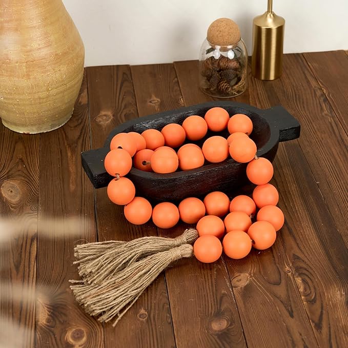 OMISHE 60" Long Extra Large Wood Bead Garland with 1.6" Diameter Wooden Beads and Tassels, Rustic Farmhouse Country Decorative Beads for Home Tiered Tray Decor, Orange