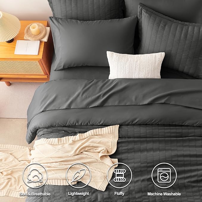 CozyLux Twin XL Comforter Set with Sheets Seersucker Dark Grey 5 Pieces Bed in a Bag, Twin Extra Long Luxury Bedding Sets for College Dorm with Down Alternative Comforter, Sheets, Pillowcases & Shams