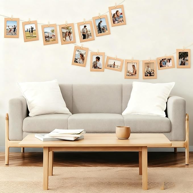 4x6 Inch Paper Photo Frame, Hanging Photo Display Banner, 20Pcs Kraft Paper Picture Frames with 20 Wood Clips and 2 Jute Twine, DIY Clip Photo Display Holders for Home, Wedding, and Party Decor