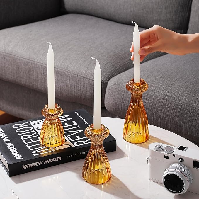 Lysenn Glass Candle Stick Holder Set of 6 – Premium Taper Candle Holders for Romantic Ambiance - Candle Sticks Holder Decor for Special Occasions - Amber