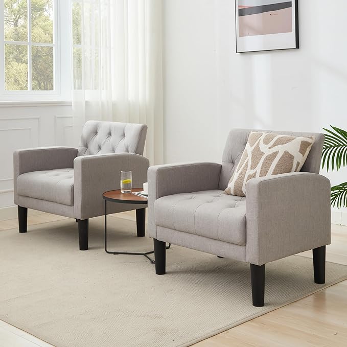 TYBOATLE Accent Chairs Set of 2 Comfy Living Room Chair Tufted Mid Century Modern Accent Chair, Cozy Upholstered Reading Arm Chair for Office, Bedroom (Light Grey, Set of 2)