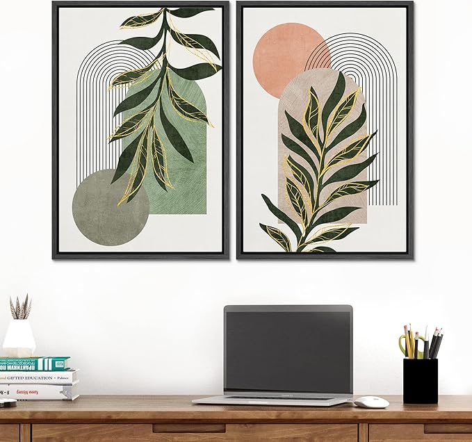 SIGNFORD Framed Canvas Print Wall Art Set Jungle Palm Leaf Geometric Polygons Abstract Shapes Illustration Modern Art Decorative Nordic Nature for Living Room, Bedroom, Office - 24"x36"x2 Black