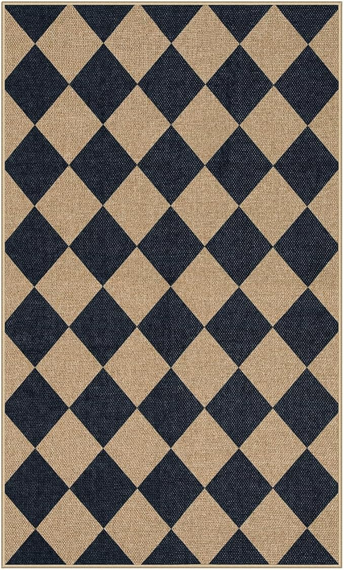 Lahome Checkered Easy Jute 3x5 Outdoor Patio Rug, Washable Rugs for Entryway Diamond Indoor Outdoor Living Room Carpet, Farmhouse Neutral Non Slip Black Door Carpet for Backyard Bedroom