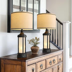 25'' Table Lamps for Bedroom Living Room Lamps Set of 2 Farmhouse Nightstand Bedside Lamps with USB Ports, Built-In Frosted Glass Night Light Industrial Metal Night Stand Lamp, Bulbs Included, Black