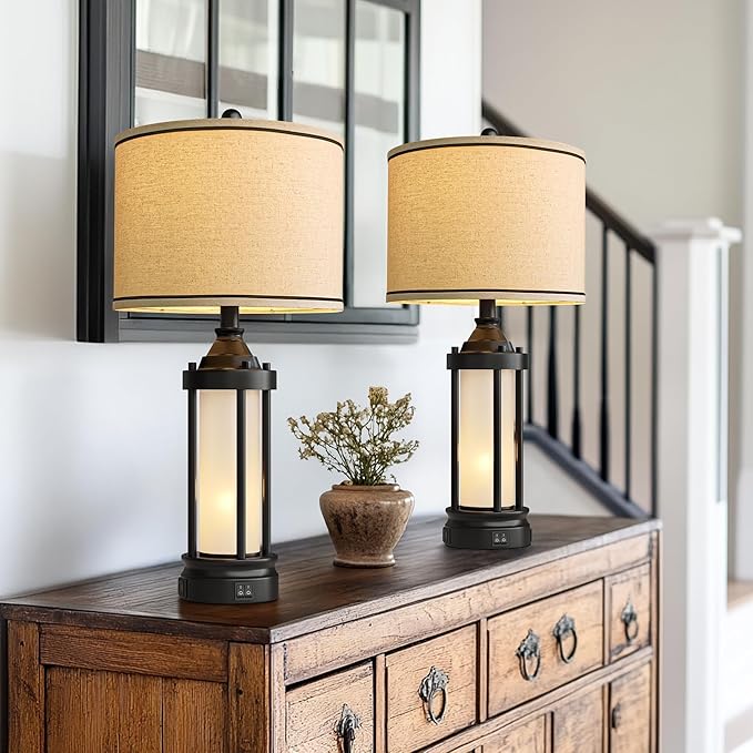 25'' Table Lamps for Bedroom Living Room Lamps Set of 2 Farmhouse Nightstand Bedside Lamps with USB Ports, Built-In Frosted Glass Night Light Industrial Metal Night Stand Lamp, Bulbs Included, Black