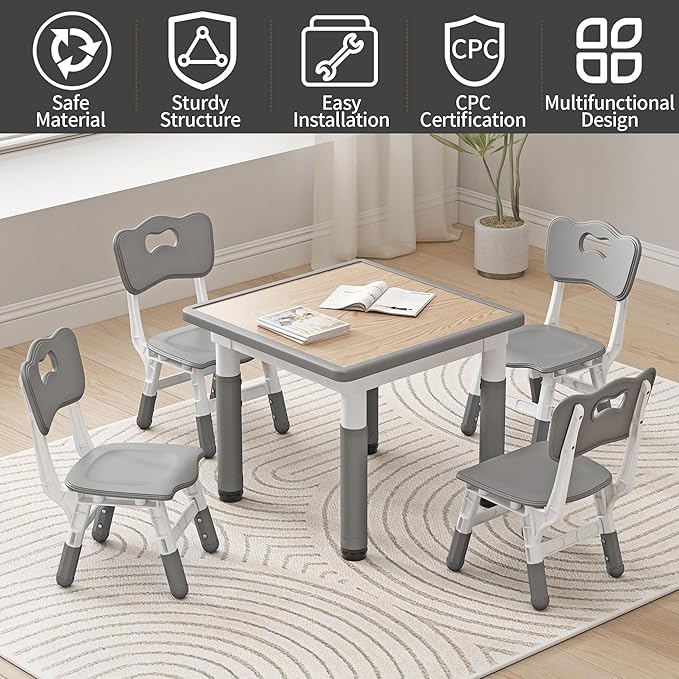 Kids Table and Chairs, Height Adjustable Childrens Table and Chair Set, Kids Tables for Age 2-8, Graffiti Desktop, Table for Kids with 2 Seats, Small Kids Table, Max 300lbs, Grey