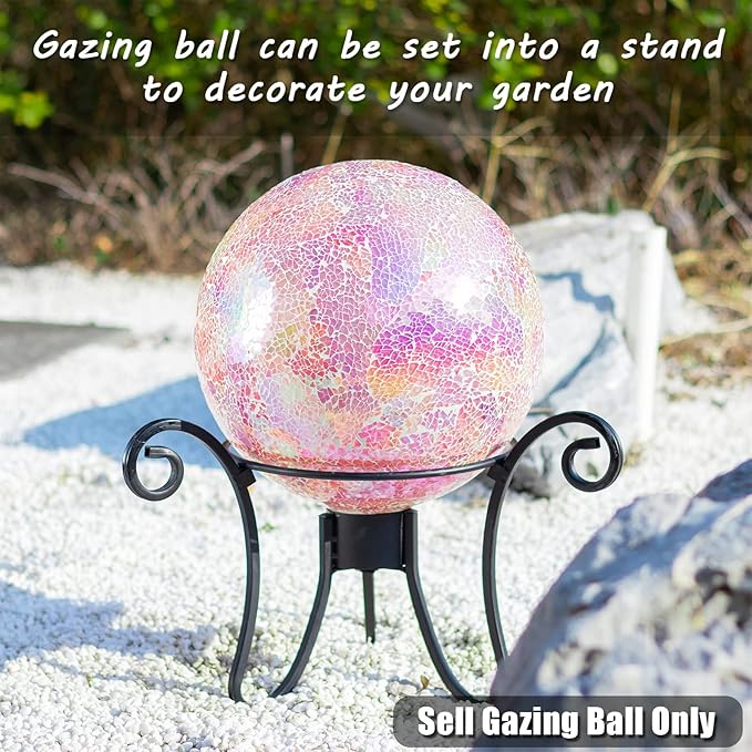 VCUTEKA Gazing Ball, Iridescent Crackled Glass Mosaic Gazing Balls Sphere for Garden Lawn Outdoor Ornament Yard Decorative, 10-Inch, Pink