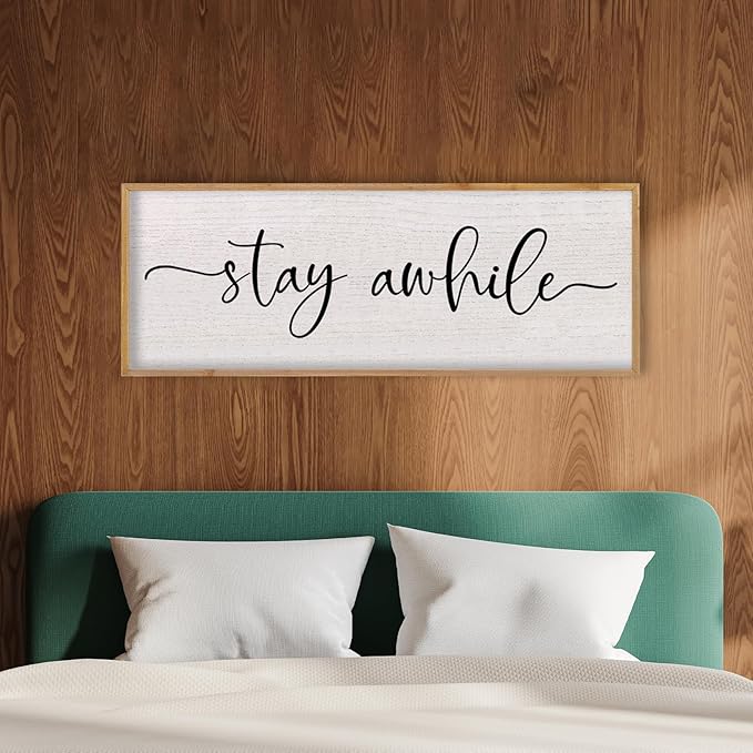 LuZhiQiang Stay Awhile Home Sign Wall Decor 40"X15" Large Solid Wood Frame For Hallway Living Room Entryway Wall Art Hanging (Wood)