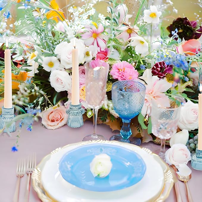 Double Sided Vintage Ribbed Taper Glass Candle Holders,Tea Candle Holder for Table Centerpieces, Wedding Decorations and Dinner Parties (Bule, 3 PCS)