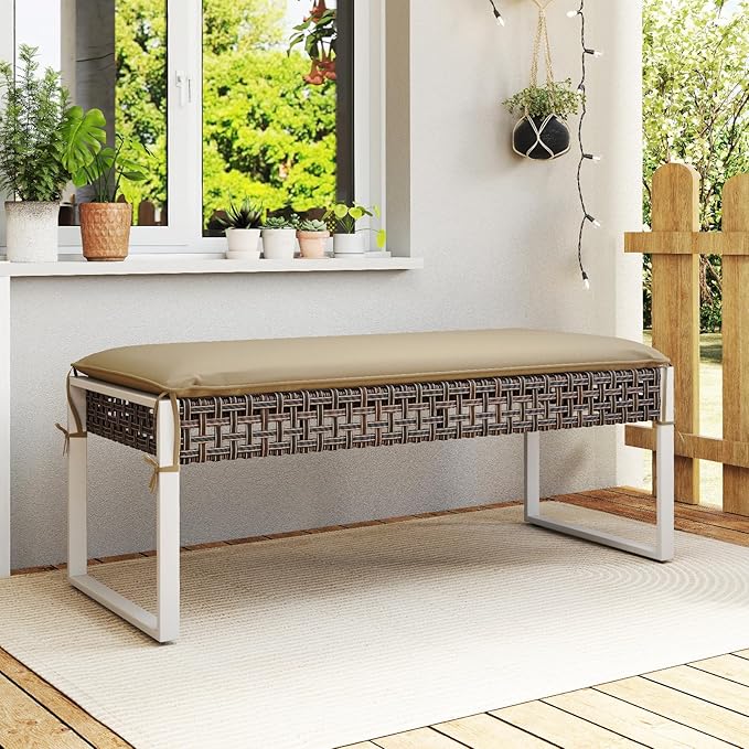 Tangkulka Outdoor Ottoman, Patio Rattan Heavy Duty Wicker Footrest with Soft Cushion & Metal Frame, Extra Seating, for Porch, Backyard, Lawn and Poolside (1)