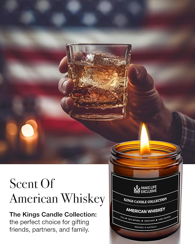 Scented Candles for Men | Whiskey Scented | Wooden Wick, Long Lasting, Masculine Scents | Natural Soy Jar Candle for Home, Bacehlor Pad Decor | The Perfect Mens Gift