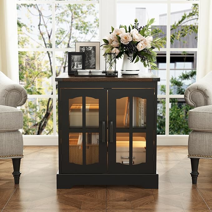 ChooChoo Rustic End Table, 24" Large Sofa Side Table with Charging Station & LED Light, Black Nightstand with Adjustable Storage Shelf, Square Bedside Table for Living Room, Bedroom, Office