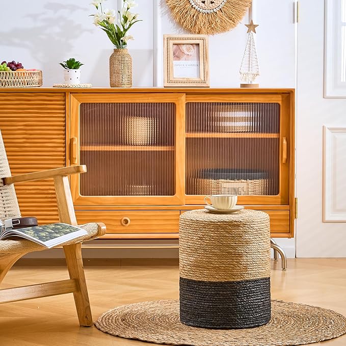 Wimarsbon Natural Seagrass Foot Stool, Hand Weaving Round Ottoman, for Living Room, Outdoor Seat (Natural & Black)