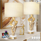 Scenekoy Sculptural Table Lamp Set of 2 with USB Ports for Bedroom Living Room, 26” Gold Leaf Marble Base Bedside Lamps, Pull Chains Switch Modern Nightstand Lamp for Home Room Decor (Bulbs Included)