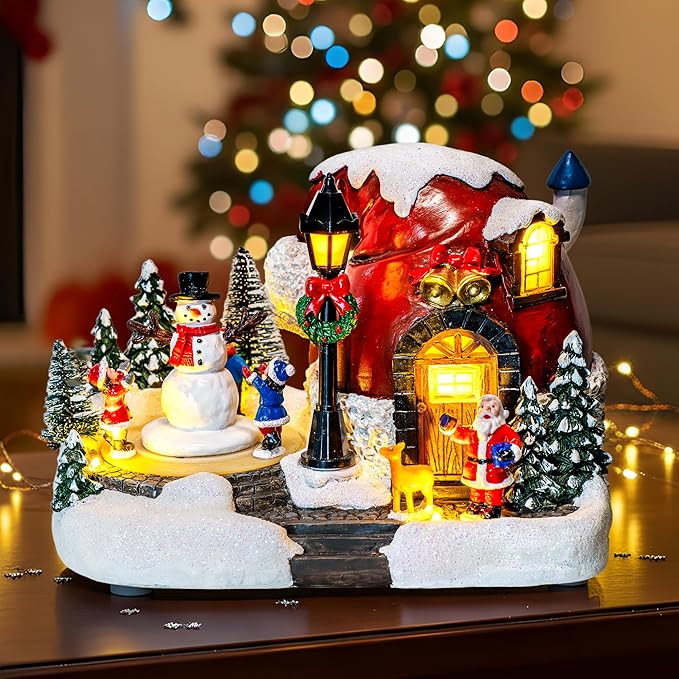 Christmas Village Lighted Musical Collectible Buildings - USB-Powered Santa's Hat House Scene with Snowman, Animated Holiday Figurines, LED Lights & Festive Music for Xmas Decor and Home Decorations