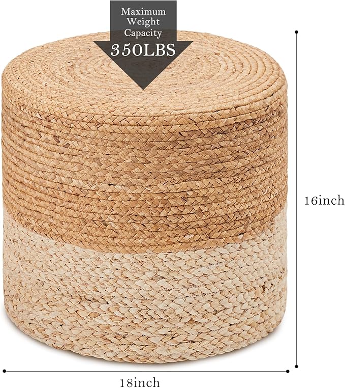 Wimarsbon Ottoman Pouf, Natural Braided Jute Poof, 18'' Outdoor Ottoman for Garden, Rustic Handweave Lounge Pouffe, Boho Footrest Stool for Bedroom, Accent Table or Seat for Patio, Living Room