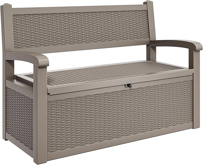 YITAHOME 70 Gallon Storage Bench Deck Box, Lockable Patio Bench, Waterproof Outdoor Pool Deck Storage for Patio Cushions, Garden Tools and Pool Supplies, Light Brown