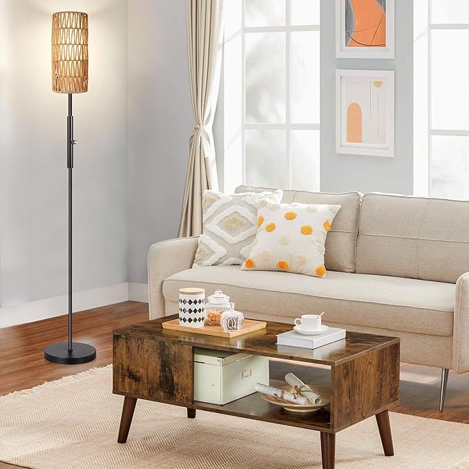 PARTPHONER Boho Floor Lamp for Living Room with 3 Color Temperatures LED Bulb, Standing Lamp Tall Lamp Reading for Bedroom, Office, Kids Room (9W LED Bulb, Rattan & Fabric Shades Included)