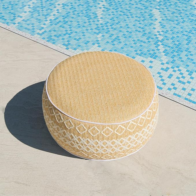 Outdoor Inflatable Ottoman with Air Pump, Embroidery Patio Footrest Stool D21”x H9”, Round Pouf Ottoman with Portable Handle Suitable for Garden, Camping, Bedroom, Living Room